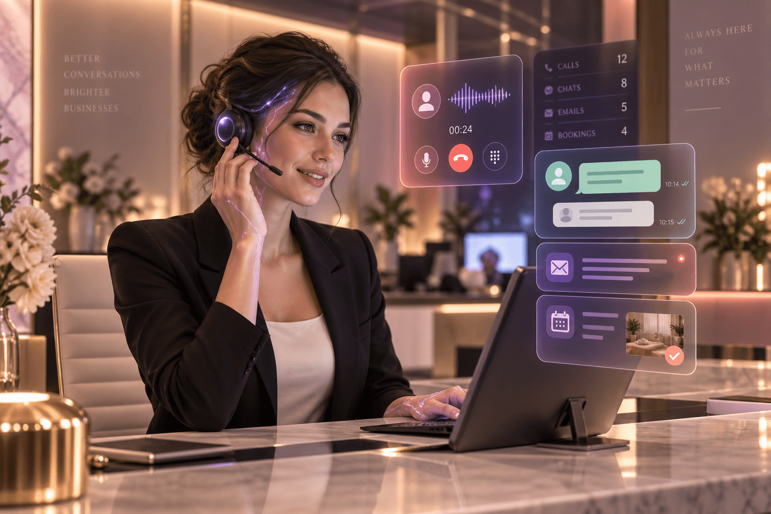Human-like AI front office agent answering a call while handling customer messages and bookings